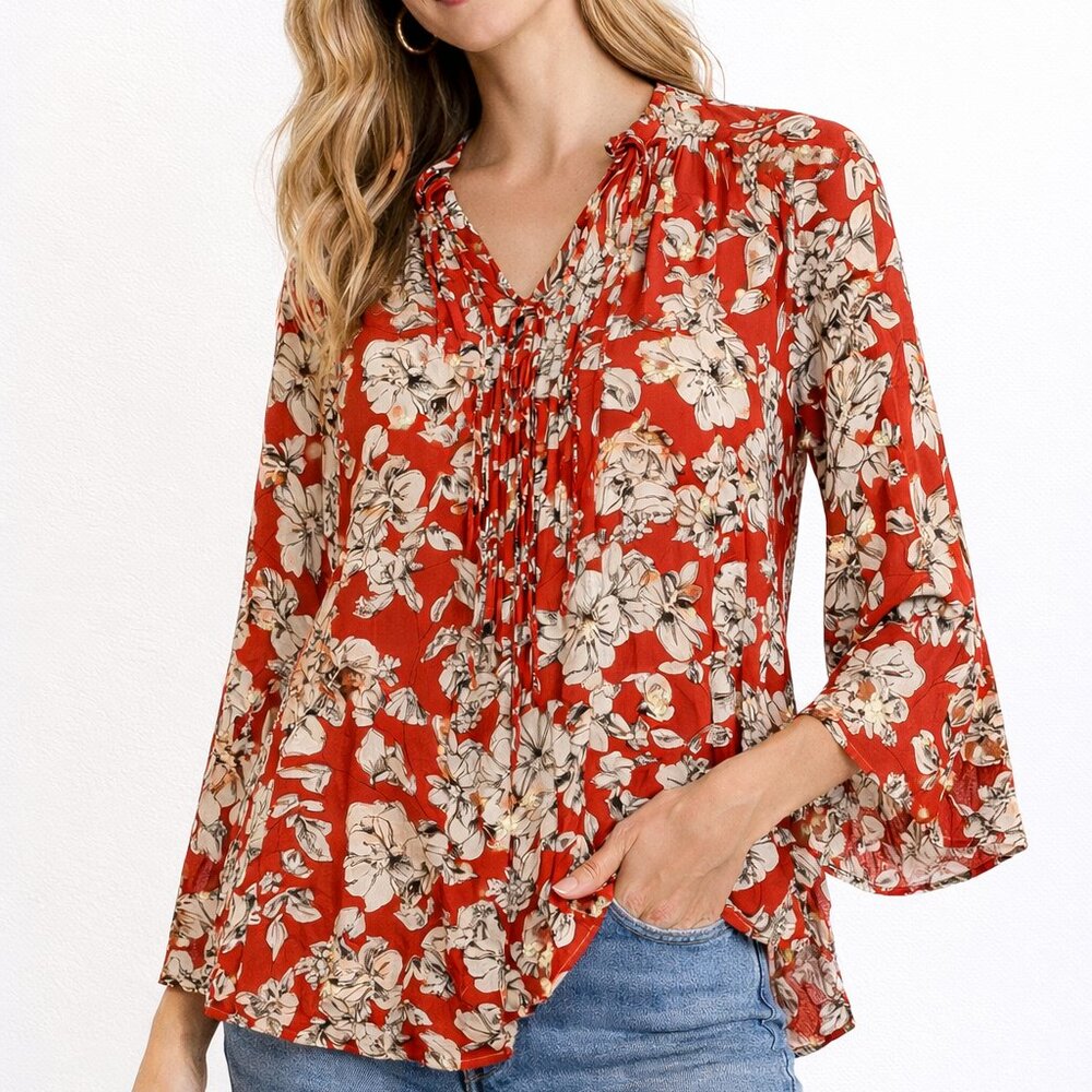 Fun2fun Rayon Button Up Long Sleeve Sz L Red Print Casual Blouse